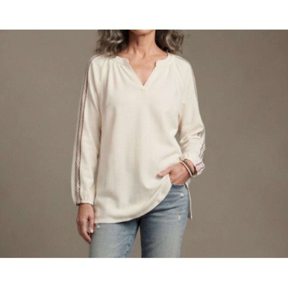 Soft Surroundings Cream Linen Blend Embroidered Tunic Top XS 2EW84 Boho V-Neck